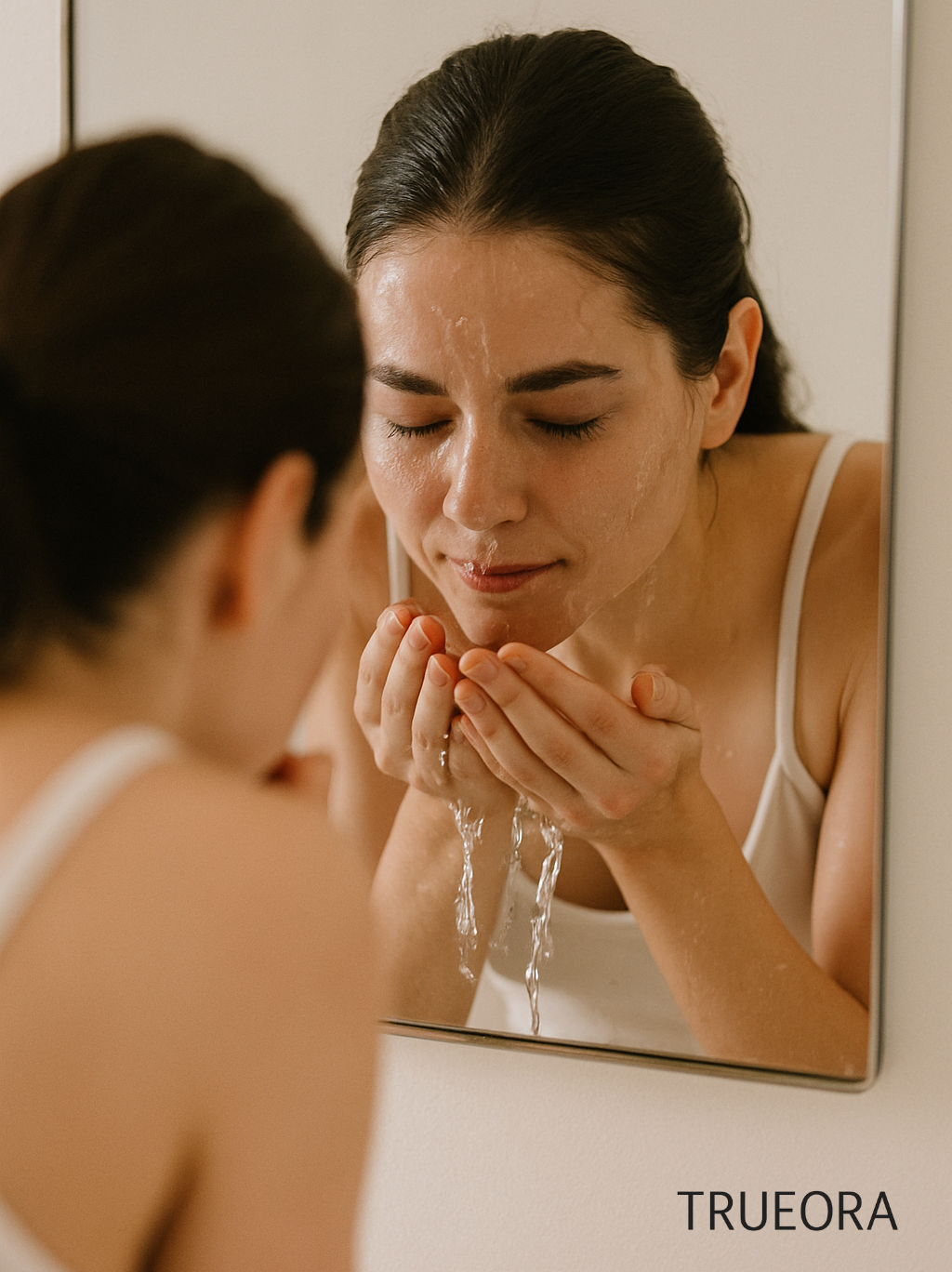 Young woman washing her face with water dripping down, reflected in a bathroom mirror — promoting gentle skincare, facial cleansing, and minimalist clean beauty routine.