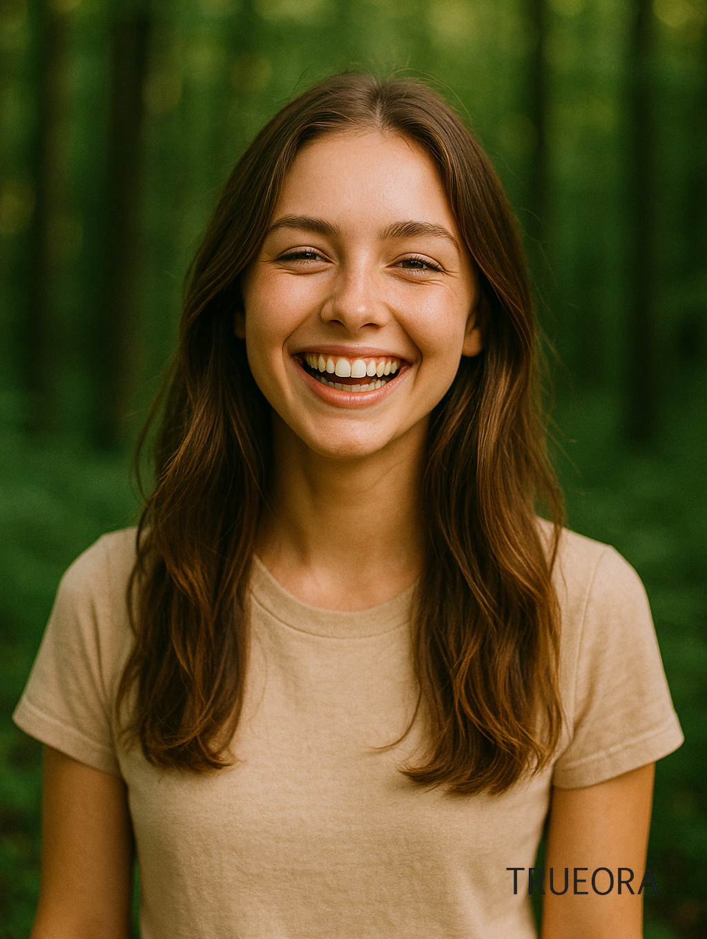 Young woman in her twenties smiling brightly in a forest, wearing a beige t-shirt — symbolizing natural beauty, outdoor wellness, and eco-friendly lifestyle.