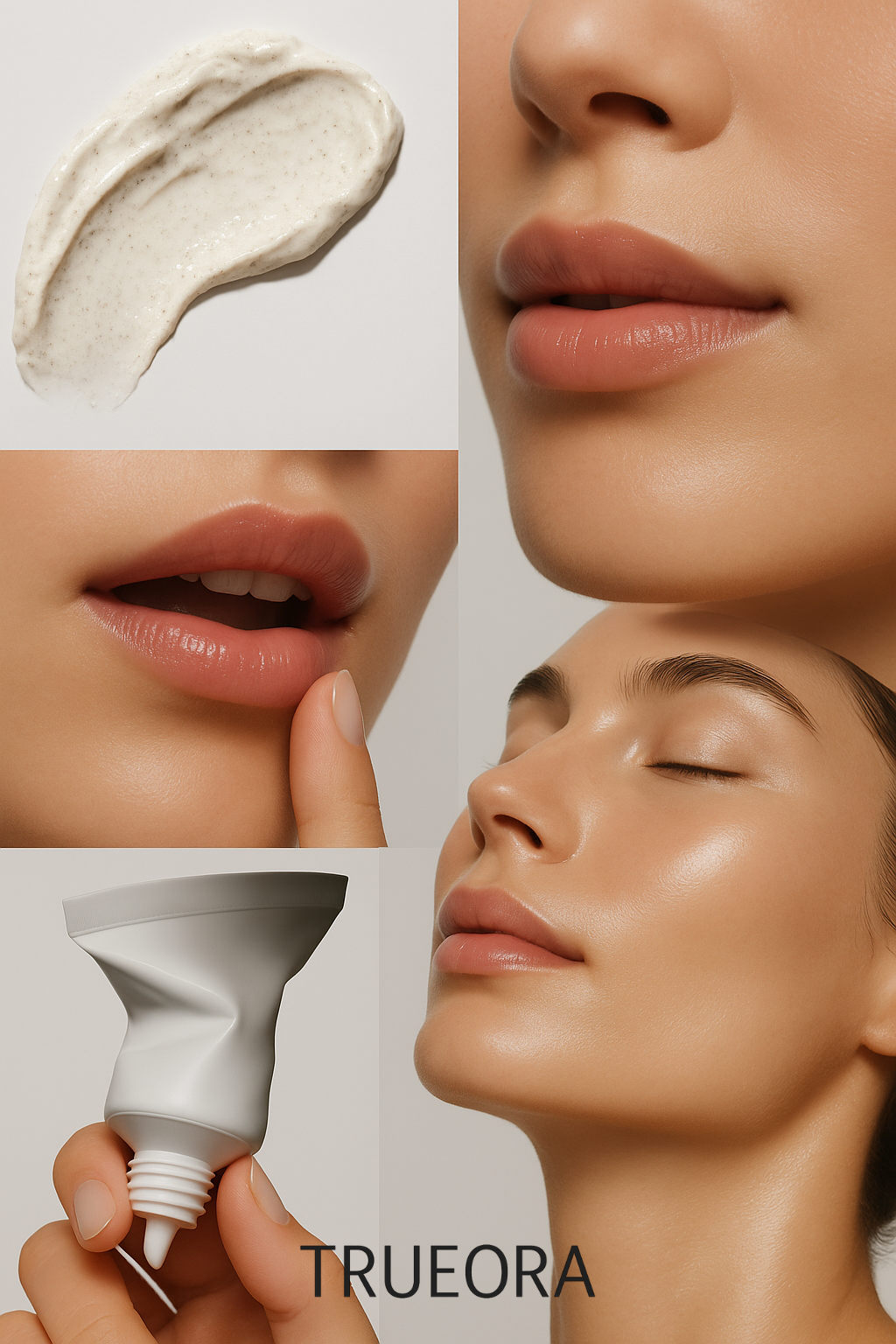 Close-up collage of minimalist clean beauty with TRUEORA — natural lips, radiant skin, and gentle skincare cream in soft neutral tones