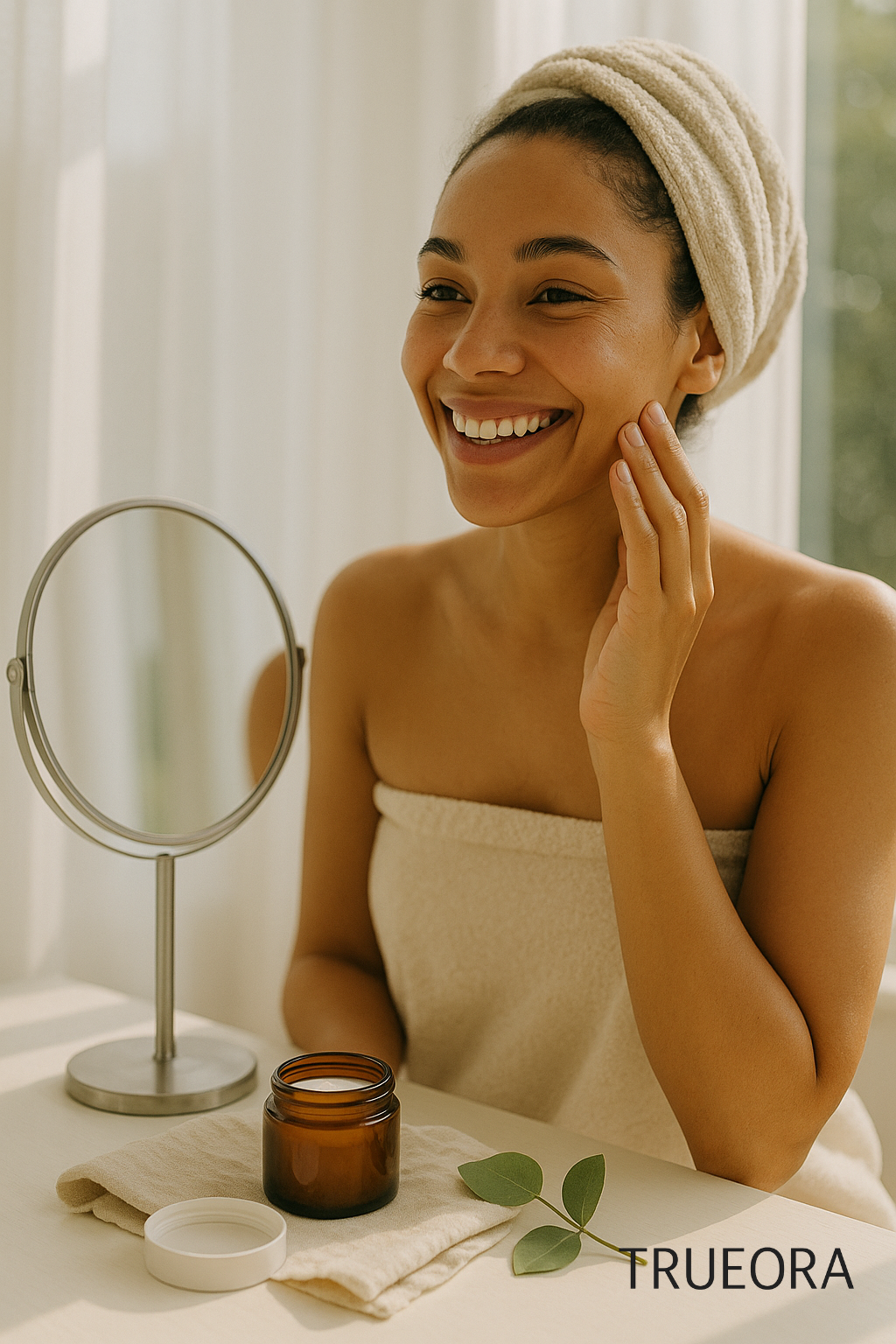 A smiling woman wrapped in a towel touches her face while seated at a sunlit vanity with an open amber jar, soft beige cloth, and eucalyptus leaves—capturing a clean beauty skincare moment in natural light.