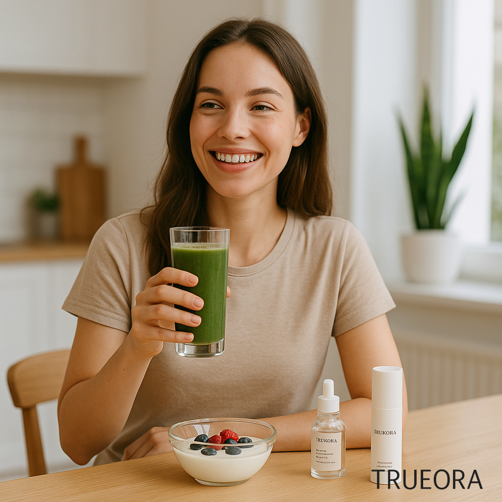 Woman enjoying a green smoothie with yogurt and berries on a wooden table, Trueora clean beauty skincare products beside her, symbolizing the connection between gut health and glowing skin.