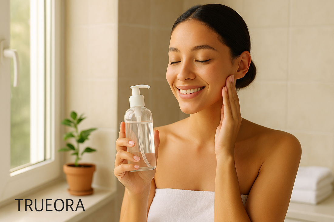 Trueora clean skincare routine – woman with radiant skin holding a clear cleanser bottle by a sunlit bathroom window, natural plants and white towel in the background
