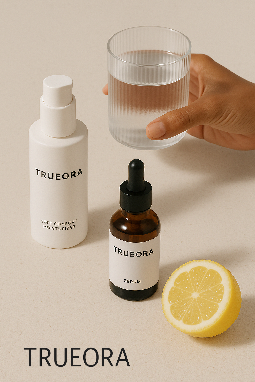 Minimalist skincare flatlay featuring Trueora Soft Comfort Moisturizer and Trueora Serum beside a glass of water and a fresh lemon slice, symbolizing clean beauty and gentle skincare.