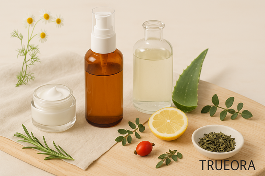 Trueora plant-based skincare products with natural ingredients like aloe, green tea, chamomile, and rosehip displayed in a clean, minimal setting under soft natural light.