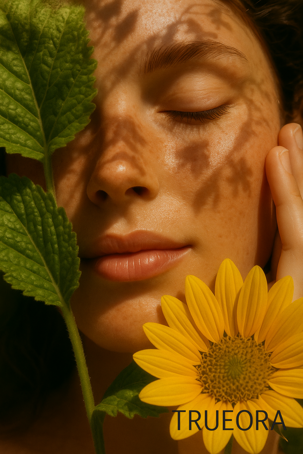 Close-up of woman with glowing natural skin, eyes closed, surrounded by green leaves and sunflower, symbolizing vegan skincare and clean beauty by Trueora