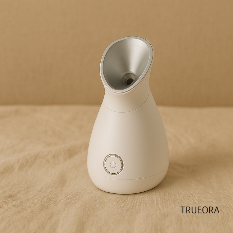 white facial steamer on beige linen background – at-home skincare device for hydration, pore cleansing, and soothing steam rituals