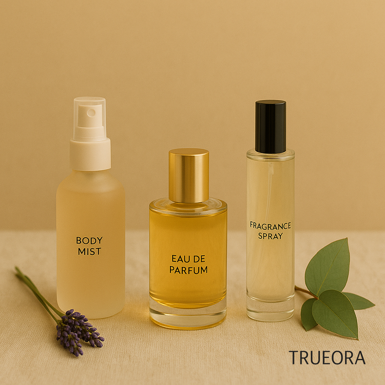 Natural home fragrance setup with lit soy candle, reed diffuser, ceramic ultrasonic diffuser, essential oil bottle, lavender, and eucalyptus on beige linen.