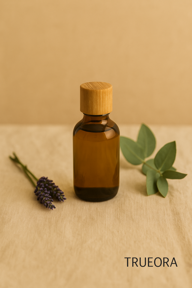Amber glass bottle of bath oil with wooden cap placed on beige linen, surrounded by lavender and eucalyptus – natural relaxation setting.
