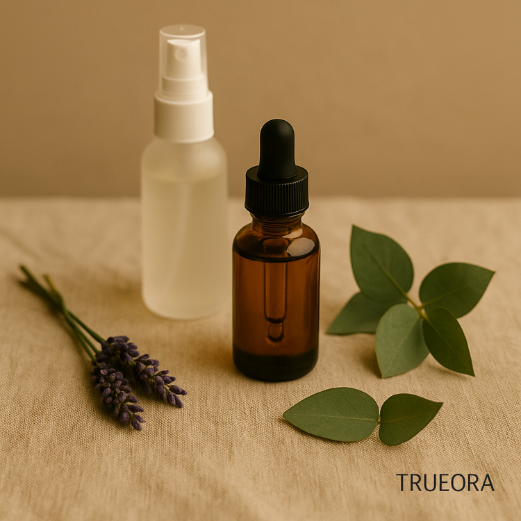 natural mood support products with amber dropper bottle, calming mist spray, lavender, and eucalyptus on beige fabric – stress relief and emotional wellness essentials