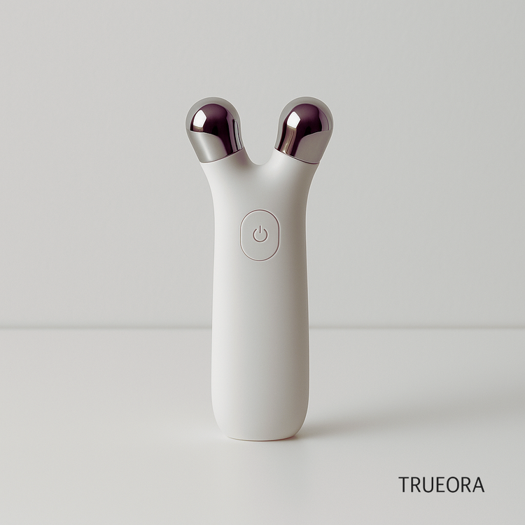 white microcurrent facial device with dual metal heads on clean white background – non-invasive skincare tool for anti-aging and skin toning