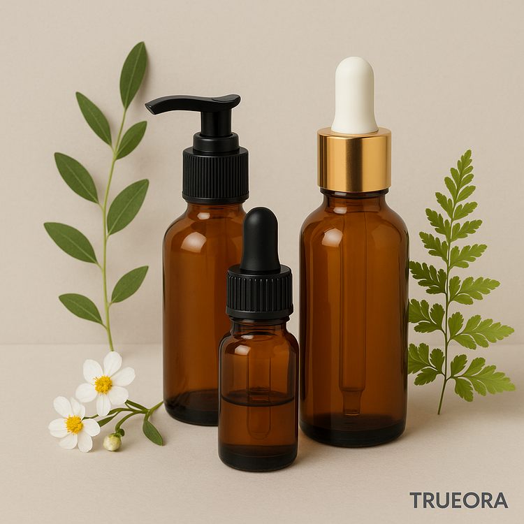 Three amber glass skincare bottles—dropper, pump, and serum—arranged with botanical elements on a clean beige background, featuring the TRUEORA watermark in the bottom-right corner.