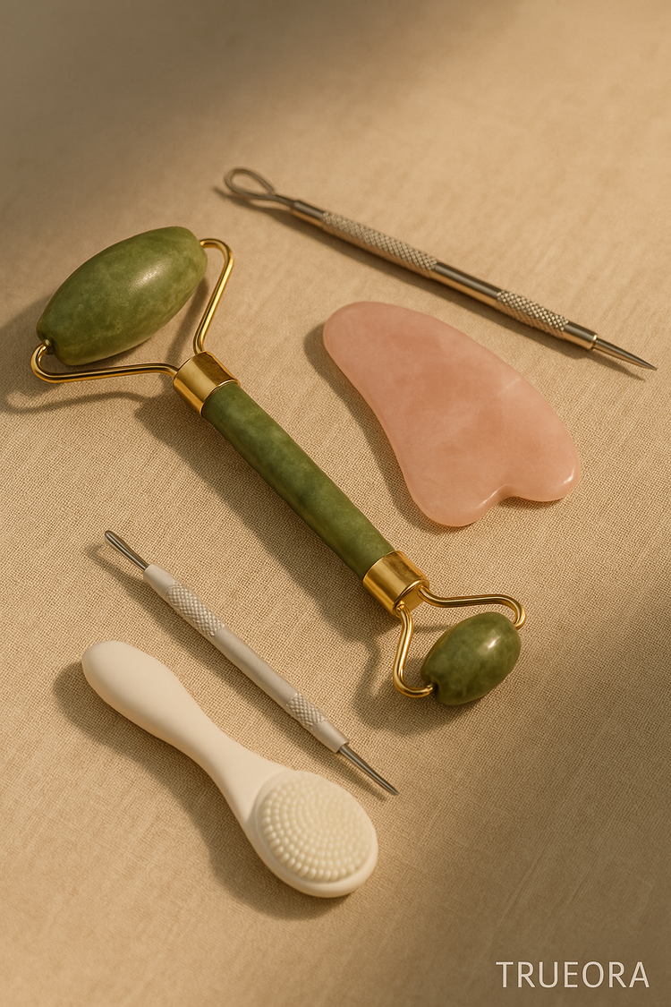 manual skincare tools including jade roller, rose quartz gua sha, blackhead extractor, and silicone face brush on beige fabric – facial massage and cleansing essentials