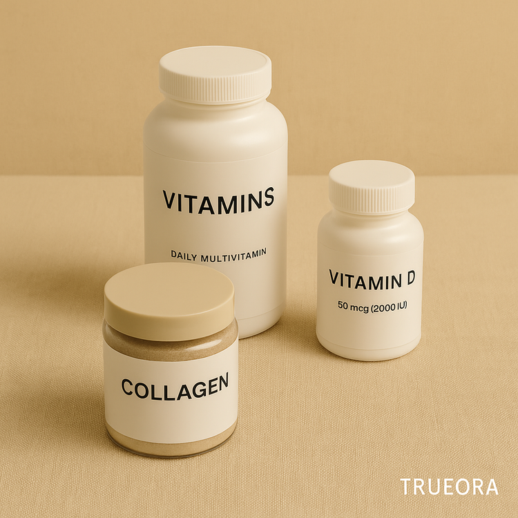 daily wellness supplements including multivitamin, vitamin D3, and collagen powder containers on beige fabric – essential nutrients for immunity, energy, and skin health