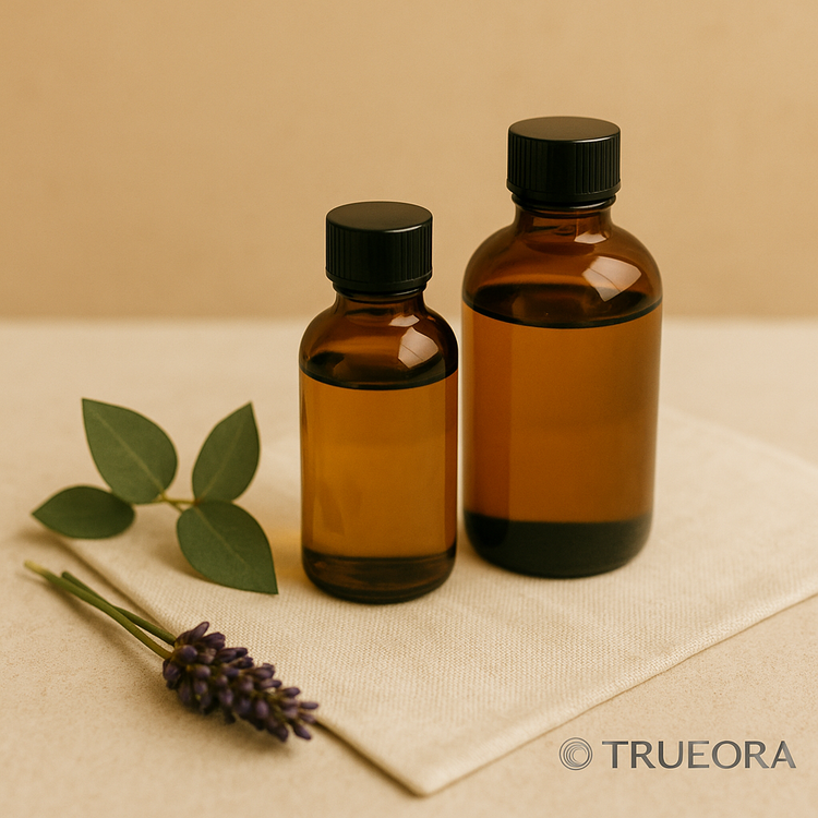 Amber glass bottles of natural carrier oils on linen cloth with eucalyptus and lavender – clean DIY blending scene with TRUEORA branding.