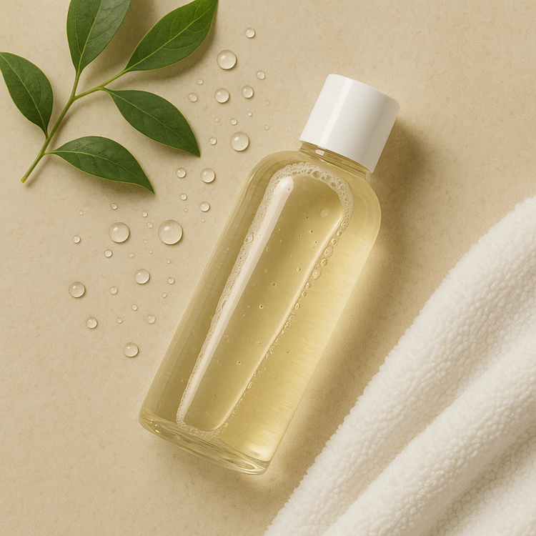 A clear glass bottle of gentle cleanser on a beige stone tray, with fresh water droplets and a soft white towel, natural light, clean beauty skincare.