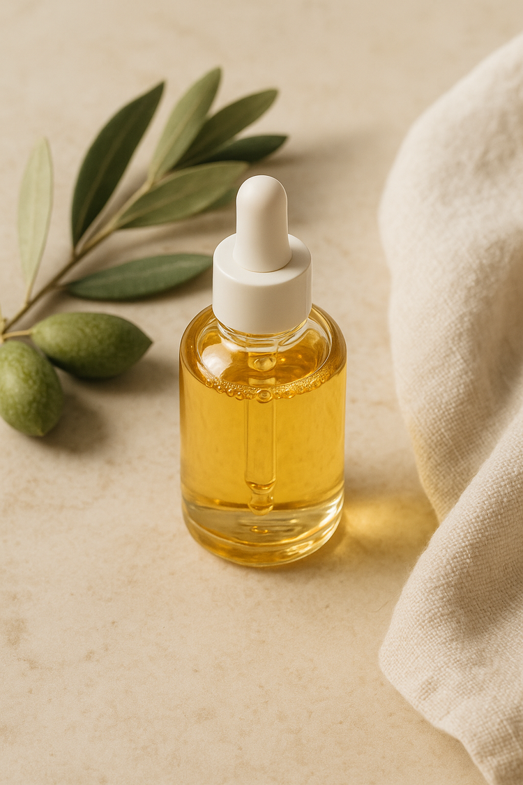 A glass dropper bottle of golden facial oil on a marble surface with olive sprig and linen fabric, plant-based skincare oil.