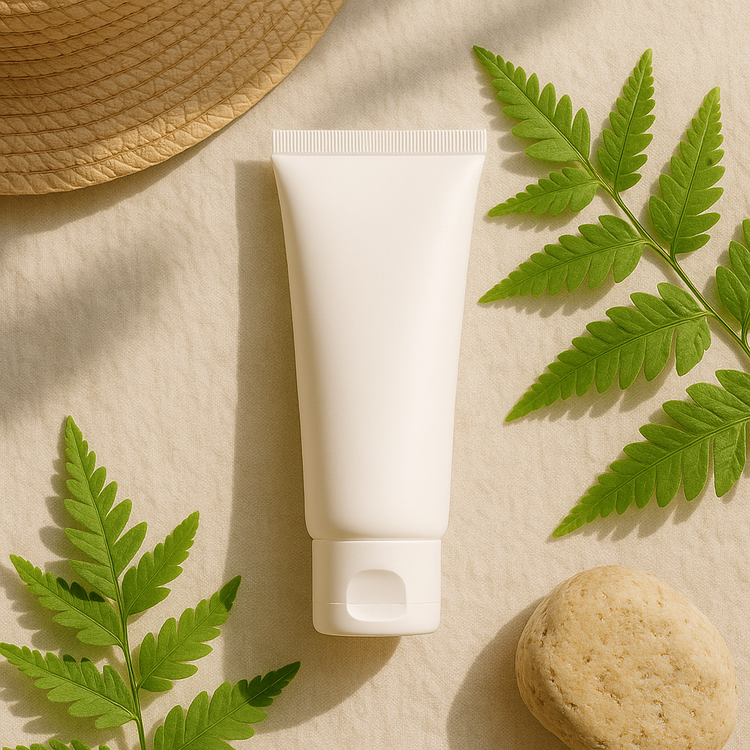 A white sunscreen tube on linen with green ferns, straw hat and stone, soft natural light, gentle sun protection skincare.