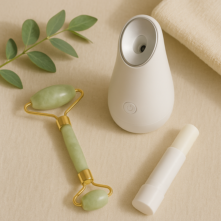 A jade facial roller and facial steamer on beige linen with green leaves, minimal natural skincare tools.