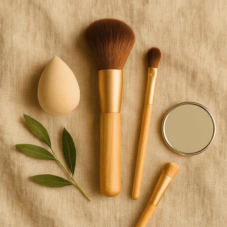 Natural wood makeup brushes, a beige sponge, and a round mirror with olive leaves on beige linen, clean beauty makeup tools in soft light.