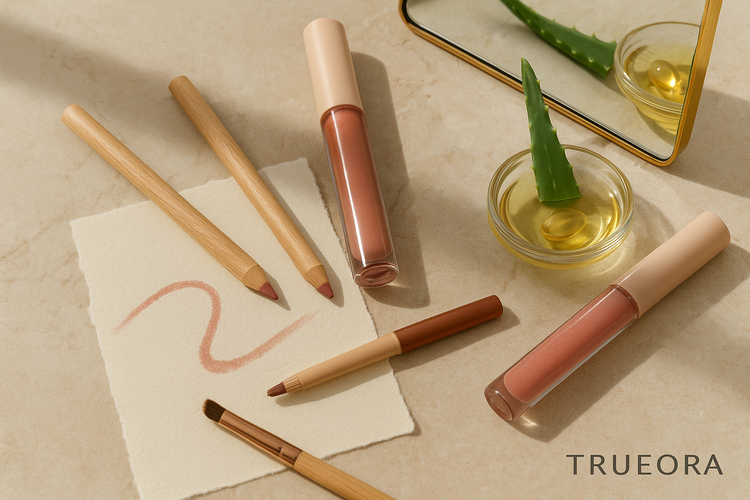 TRUEORA lip liners and natural plumping gloss displayed with aloe vera and botanical oil on a stone surface, highlighting clean lip contouring for sensitive skin