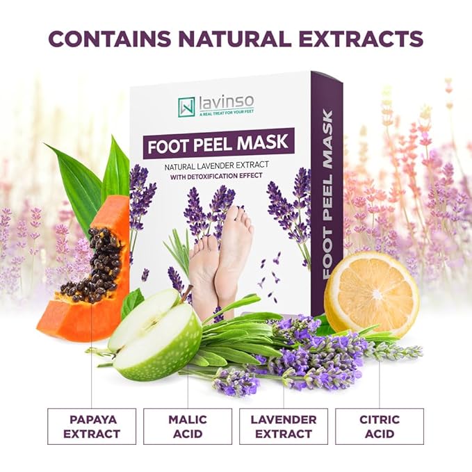 Lavinso Lavender Foot Exfoliator Peeling Mask for Dry Cracked Feet - 4 Pack - Remove Dead Skin and Callus - Foot Peel Mask for Baby Soft Feet