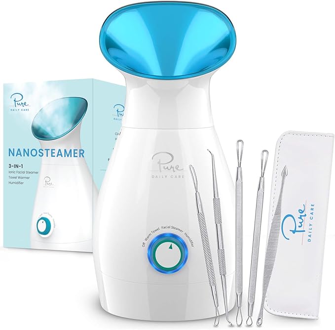 NanoSteamer Large 3-in-1 Nano Ionic Facial Steamer with Precise Temp Control - Humidifier - Unclogs Pores - Blackheads - Spa Quality - Bonus 5 Piece Stainless Steel Skin Kit (Teal)