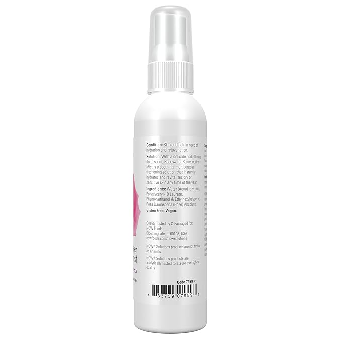 NOW Foods Solutions Rosewater Rejuvenating Mist, Hydration and Rejuvenation Spray for All Skin and Hair Types, 4-Ounce