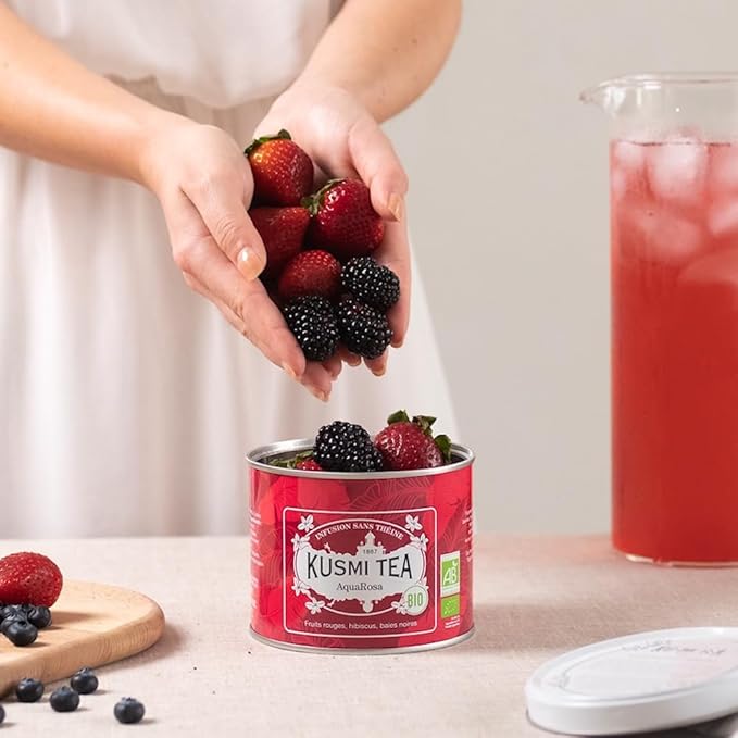 Kusmi Tea - AquaRosa - Organic Herbal Tea with Hibiscus & Berries - Caffeine Free Herbal Tea - Enjoy Hot or Iced - Loose Leaf Tea - Tin Box of 3.5 oz - Quantity for about 50 cups