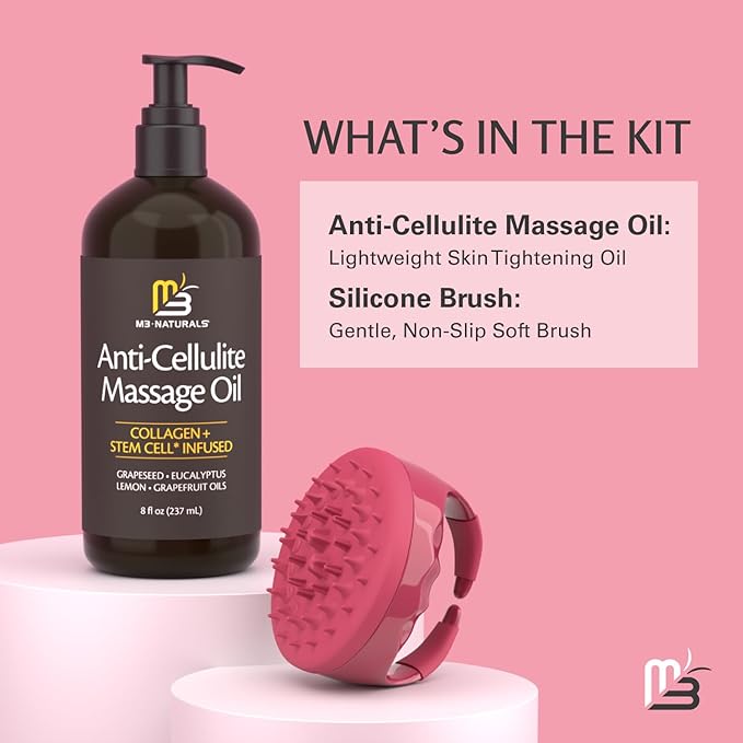 M3 Naturals Anti Cellulite Oil and Silicone Body Brush – Collagen and Stem Cell Skin Tightening Formula for Smoothing and Firming – 8 Fl Oz
