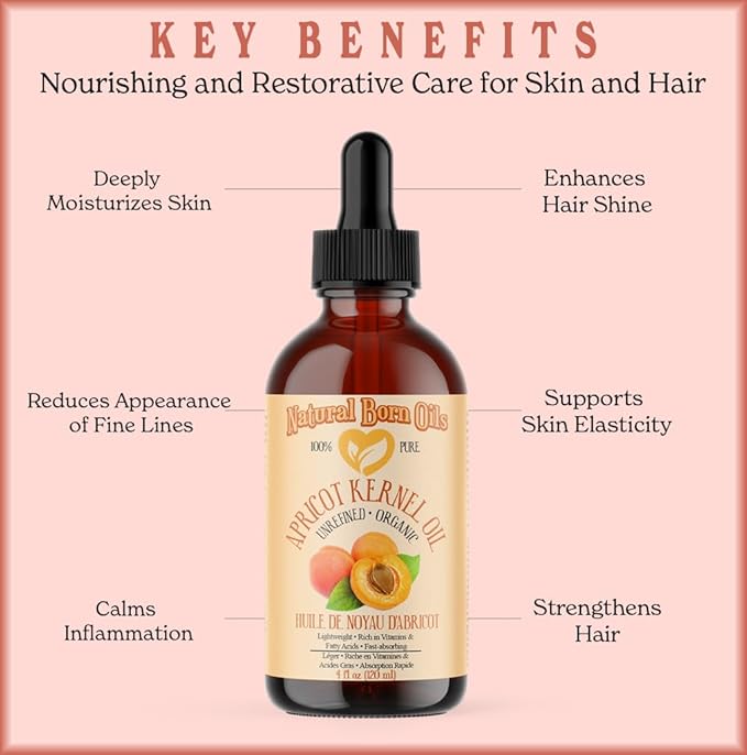 Natural Born Oils Apricot Kernel Oil. 8oz. 100% Pure and Natural, Cold-pressed, Organic Moisturizer Ideal for All Skin Types