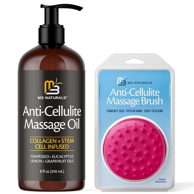 M3 Naturals Anti Cellulite Oil and Silicone Body Brush – Collagen and Stem Cell Skin Tightening Formula for Smoothing and Firming – 8 Fl Oz