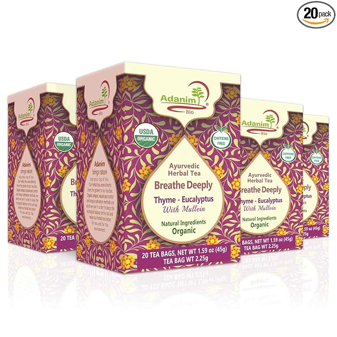 Adanim Bio Eucalyptus Mullein Tea Contains 20 Teabags of Organic Eucalyptus Leaves, Thyme, and Mullein, Providing Health Benefits to the Lungs