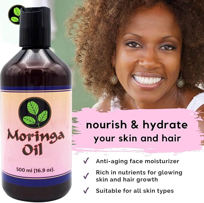 Moringa Oil 16.9 oz – Natural Face, Hair & Body Oil, 100% Pure, Cold-Pressed & Unrefined Moringa Seed Oil, Gluten-Free, Non-GMO, Vegan (500 ml)
