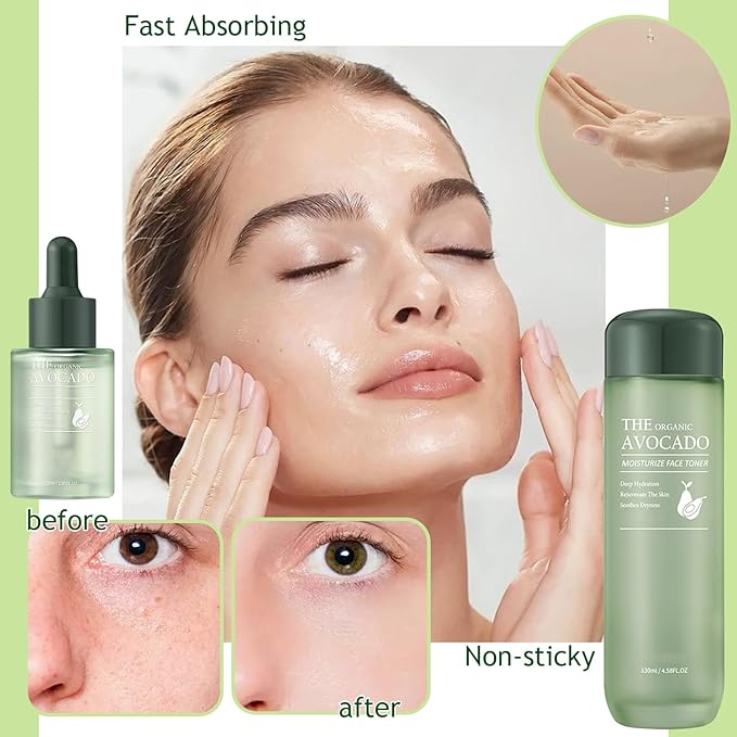 Avocado Skincare Set,Hydrating Travel Size Avocado Face Wash,Moisturizing Face Toner & Face Serum & Face Cream,Eye Cream Skin Care Gift Set for Womenďź9PCS)