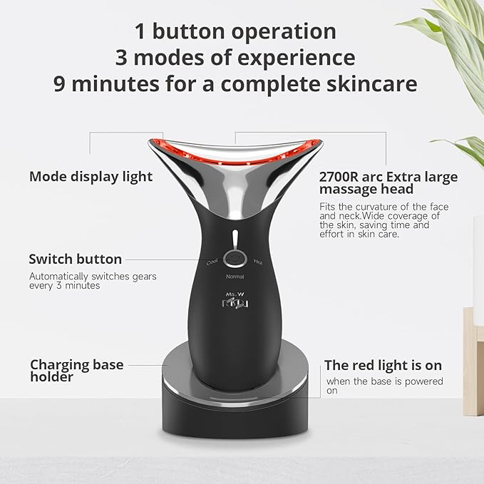 Ms.W Red Light Neck Face Massager, Facial Massager with Hot & Cold Modes for Skin Care, Vibration for Skin Tightening and Rejuvenation(Black)