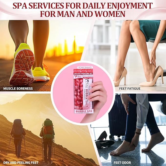 Pedicure Kit Foot Soak Set: Bubble Salt, Sugar Scrub, Massage Mask, Massage Lotion in a Box, 4 Step Foot Spa Kit for Dry Feet,Tired Feet(3 Set Pomegranate)