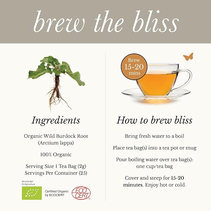 Wild Bliss Organic Burdock Root Tea - Caffeine Free Herbal Detox Support - Pharmacopoeia Quality - 25 Plant Based Tea Bags