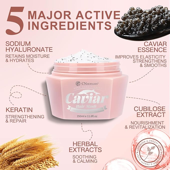 Caviar Hair Mask, Enriched with Caviar Essence, Keratin, & Herbal Extracts for Ultimate Shine & Softness, Deep Conditioning Treatment for Dry or Damaged Hair, 11.8 fl oz,Sulfate-Free