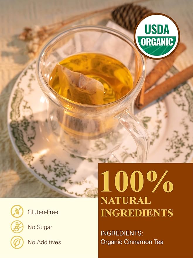 GLDNT Organic Cinnamon Tea Bags, Cinnamon Herbal Tea, Sweet & Slightly Spicy Flavor, Caffeine Free, 100 Count