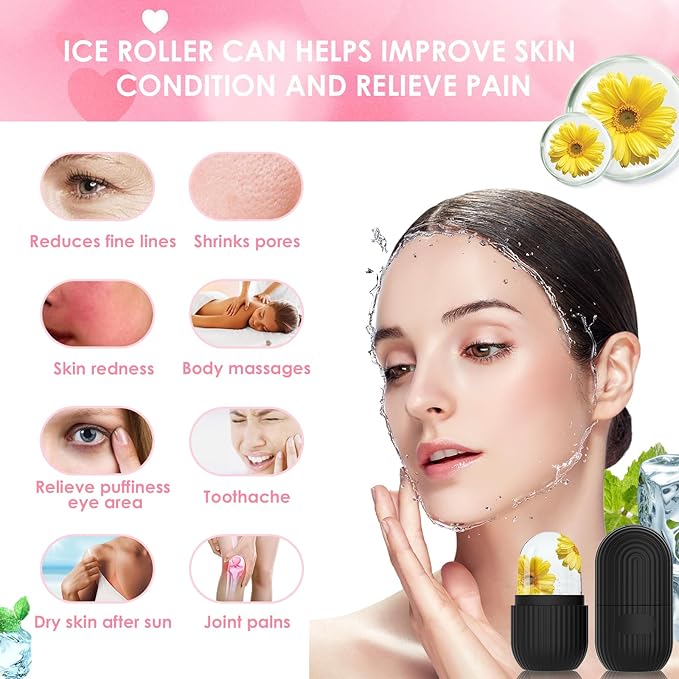 GeeRic Ice Face Roller, Silicone Ice Facial Rollers, Cube Face Contour for Eyes Neck, Beauty Facial Massage Roller Remove Dark Circle Pore Shrink Face Roller Skin Care Tools (Black)