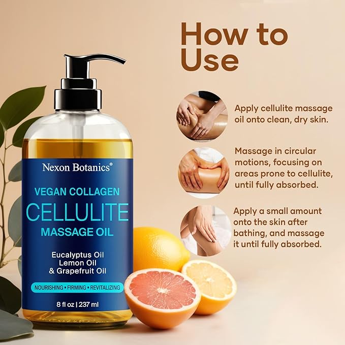 Anti-Cellulite Massage Oil for Massage Therapy 8 fl oz - Vegan Collagen Oil for Thighs, Butt, and Legs - Reduces Cellulite for Women and Men - Nexon Botanics