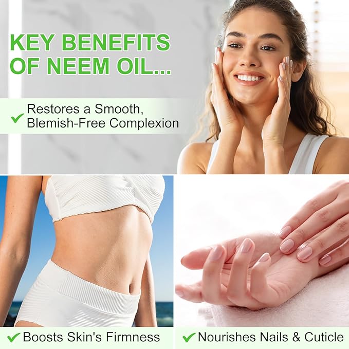 Neem Oil for Skin, Pure Natural Cold Pressing, Free of Hexane, Nourishes the Skin and Hair, Reduces Fine Lines, 2.02 Oz