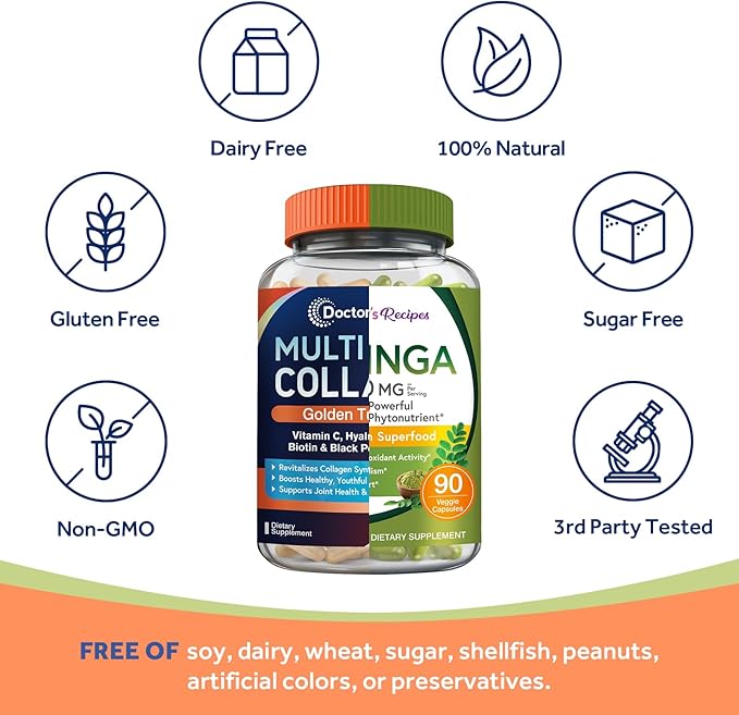 Doctor's Recipes Moringa 11,000 mg Strength 90 Caps and Multi Collagen Peptides 90Caps