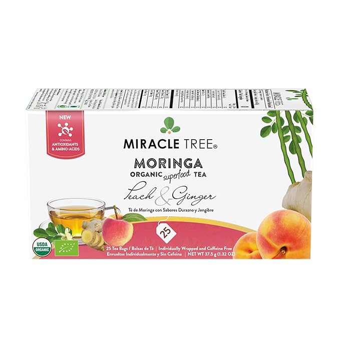 Miracle Tree - 3 Count of Organic Moringa Superfood Tea, 25 Individually Sealed Tea Bags, Peach & Ginger (Keto, Detox, Energy/Immunity Booster, Vegan, Gluten-Free, Organic, Non-GMO, Caffeine-Free)