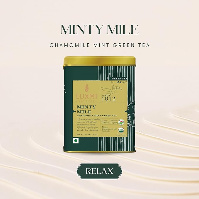 Luxmi Estates - Minty Mile - Organic Chamomile Mint Tea - Loose Leaf - 50g (25 Cups) | With Chamomile, Lemongrass, Spearmint and Peppermint | Low Caffeine Chamomile Tea | Best for Night Time