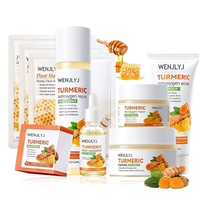 Turmeric Soap Skincare Set with Honey Face Sheets Mask,Hydrating Travel Size Turmeric Face Wash,Moisturizing Face Toner & Face Serum & Face Cream,Eye Cream Skin Care Gift Set for Womenďź9PCS)