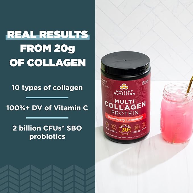 Ancient Nutrition Organic Supergreens Powder, Greens Flavor, 25 Servings + Multi Collagen Protein Powder, Strawberry Lemonade, 24 Servings