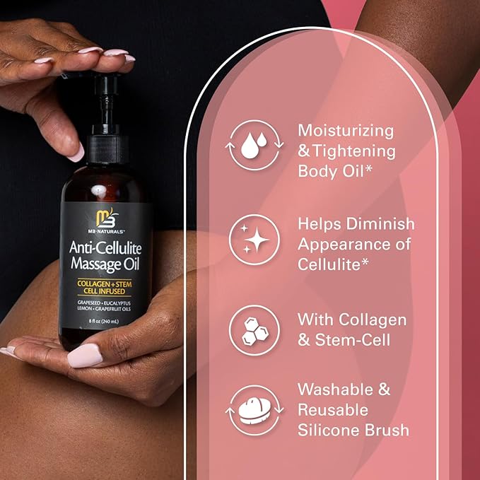 M3 Naturals Anti Cellulite Oil and Silicone Body Brush – Collagen and Stem Cell Skin Tightening Formula for Smoothing and Firming – 8 Fl Oz