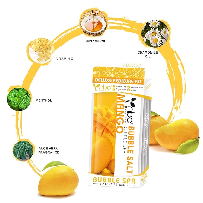 Pedicure Kit Foot Soak Set: Bubble Salt, Sugar Scrub, Massage Mask, Massage Lotion in a Box, 4 Step Foot Spa Kit for Dry Feet,Tired Feet (1 Set Mango)