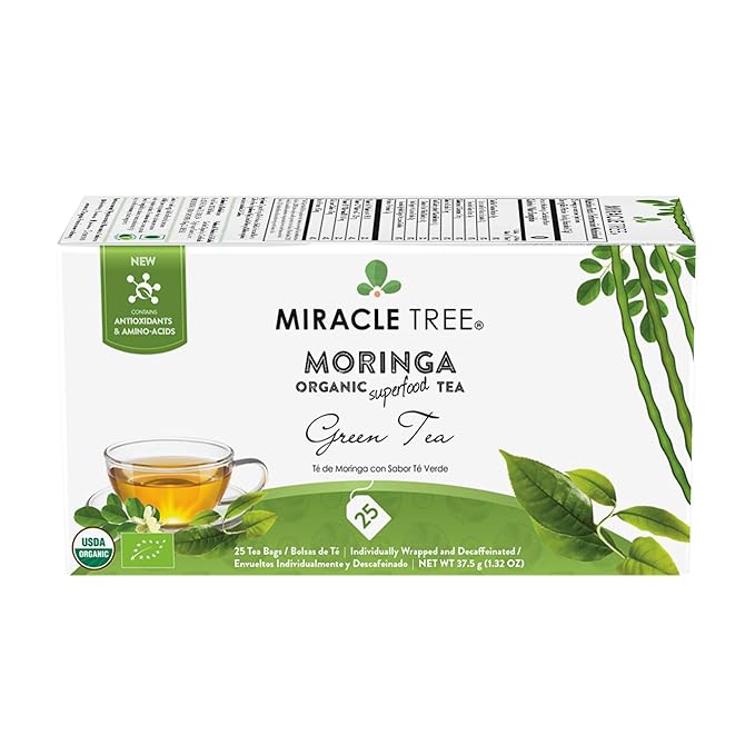 Miracle Tree - 3 Count of Organic Moringa Superfood Tea, 25 Individually Sealed Tea Bags, Green Tea (Keto, Detox, Energy/Immunity Booster, Vegan, Gluten-Free, Organic, Non-GMO, Decaffeinated)